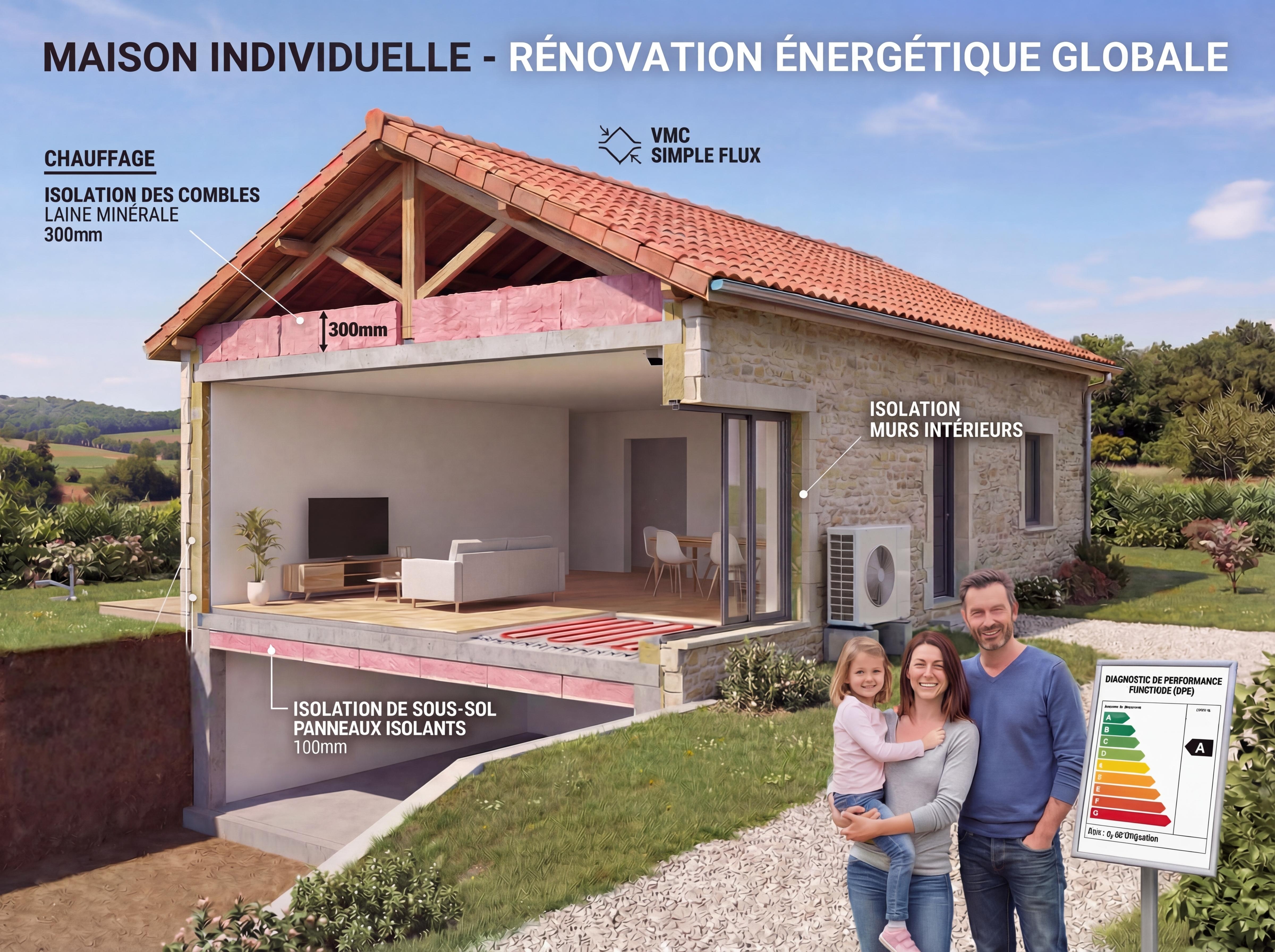 Maison individuelle — rénovation énergétique globale : PAC, isolation combles, plancher, murs